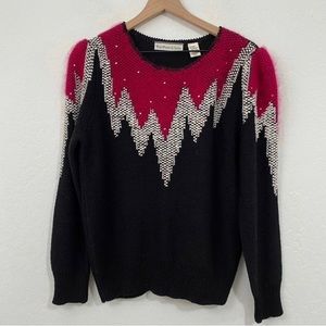 White Wheeler & Martha Women’s L Vintage Fuschia Black Knit Crewneck Sweater